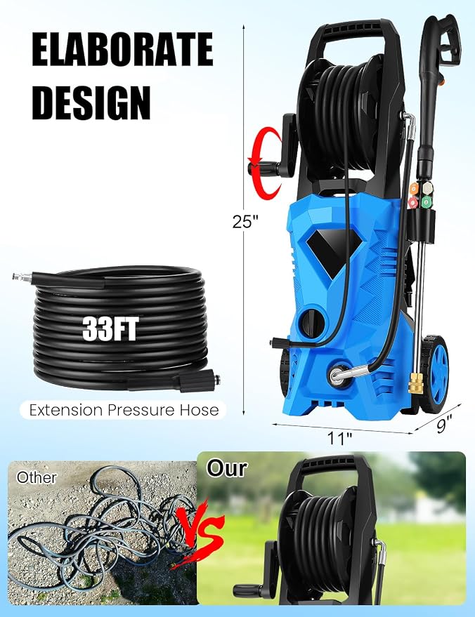 Electric Pressure Washer 5000 PSI Portable Power Washer with 33FT Pipe, 4 Nozzle Set for Home/Cars/Fences/Windows, Spphire
