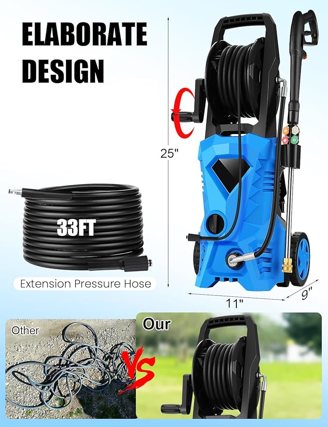 Electric Pressure Washer 5000 PSI Portable Power Washer with 33FT Hose, 4 Nozzle Set for Home/Cars/Fences/Windows, Blue