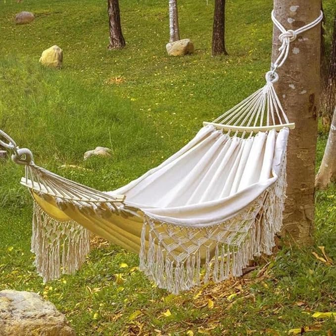 Double Hammock with Tassels, Boho Hammock, 450 lbs Capacity Indoor Outdoor Hanging Bed for Patio, Garden, Camping, Beach, Bedroom