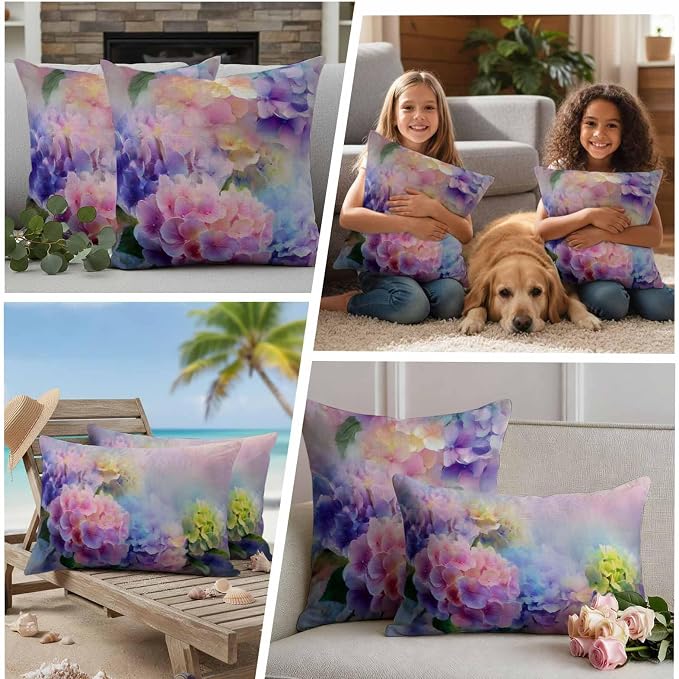 Pink Purple Floral Outdoor Pillow Cover 16x16 Inch Cushion Sham Case, Spring Hydrangea Flower Vintage Botanical Waterproof Decorative Square Throw Pillowcase for Outside Garden Patio Porch Couch Chair