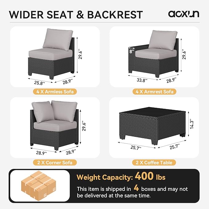 Aoxun Patio Furniture Set, 12 Pcs Outdoor Patio Furniture Sets with 4 in Thicken Cushion, Widen Armrests Wicker Outdoor Sectional for Backyard (Waterproof Cover Include)