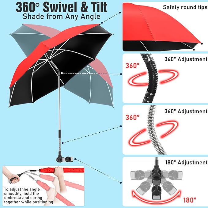 2 PACK Beach Umbrella with Clamp, 360 ° Adjustable Umbrellas for Chair, UPF50+ Umbrella for Beach Chair, Patio Chair, Wheelchair, Camping Chair, Golf Carts (Chair Not Included)