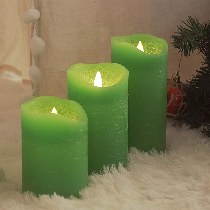 CANDLE CHOICE Battery Operated Flameless Candles with Remote Timer Real Wax Realistic Bright Flickering Electric LED Pillars Lights Wedding Party Christmas Decorations Set of 3 Rustic Texture Green