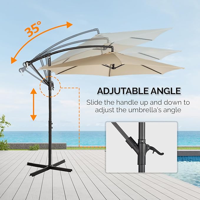 VINGLI 10 ft Cantilever Patio Umbrella, Offset Cantilever Outdoor Umbrella with Solar Lights, Easy Crank & Tilt Adjustment for Backyard, Poolside, Deck