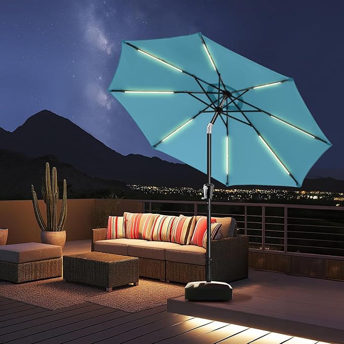 HOMSHADE 9ft Solar Patio Umbrella - Solar Lights LED Lighted UPF50+ UV Protection Umbrella, Outdoor Market Table Umbrella with Push Button Tilt, Crank for Pool Deck and Garden (Light Blue)