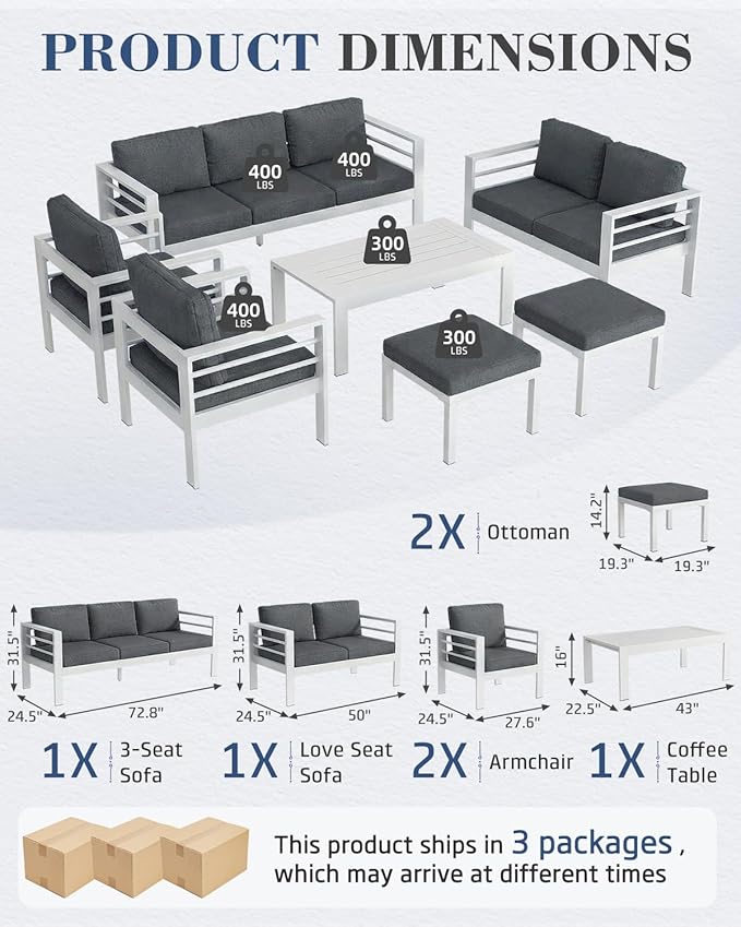 AECOJOY Aluminum Patio Furniture Set, 9 Seats Modern Outdoor Furniture with Coffee Table, 7 Pieces Metal Conversation Sectional Sofa, White Frame/Dark Gray Cushion