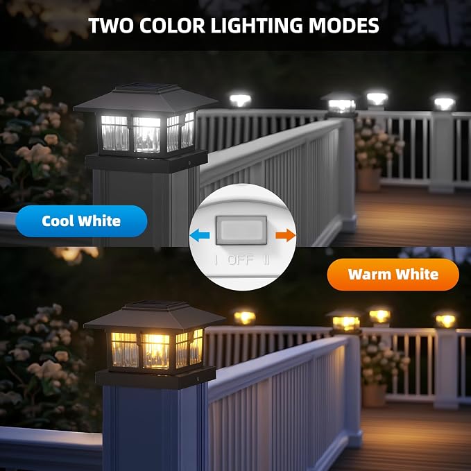 4x4 Solar Post Cap Lights, Classic Black, 4 Pack, Warm & Cool White | Fits 4x4 Wooden and Vinyl Posts,Fence Deck Post Lights,Edison-style bulb