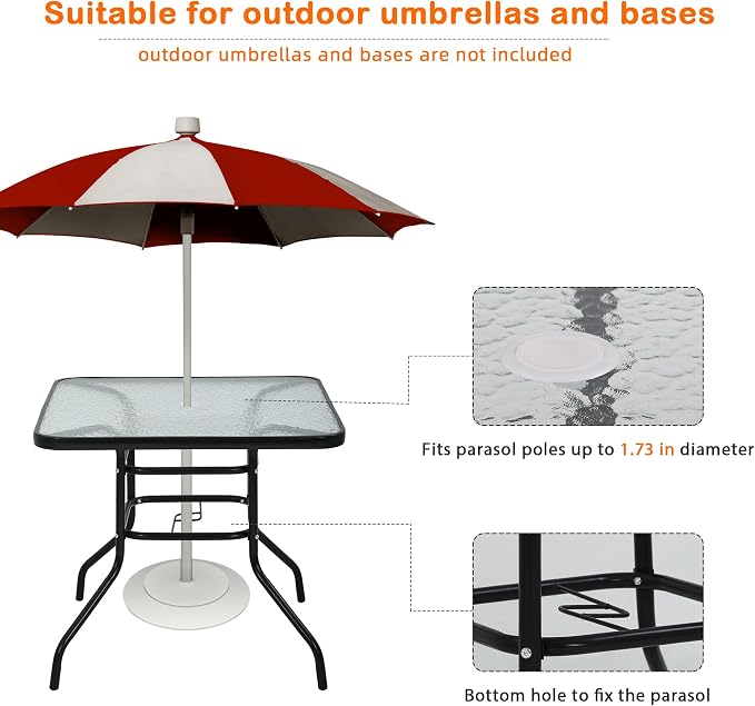 Square Outdoor Table with with Umbrella Hole, 32 Inch Tempered Glass All Weather Umbrella Table Outdoor Tables for Pool, Lawn, Balcony