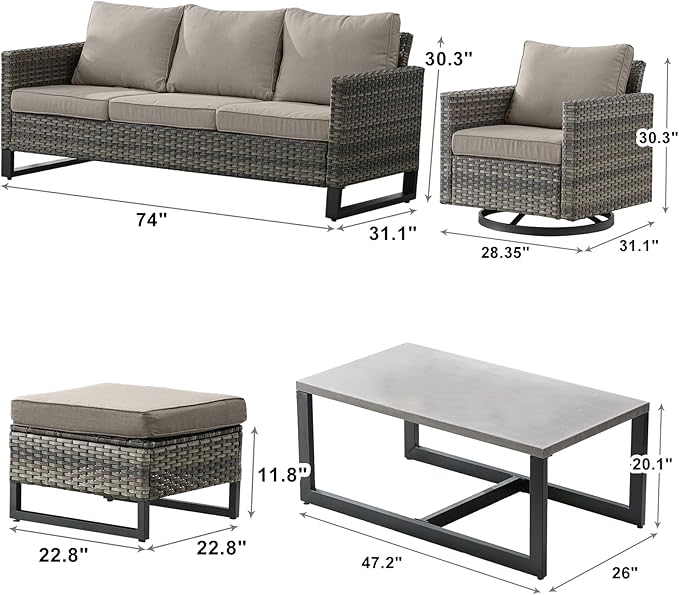 Wicker Outdoor Patio Furniture Set - 6 Piece Patio Conversation Set with 2 Swivel Rocker Chairs,2 Rattan Ottoman,1 Couch and 1 Metal Coffee Table for Outside Porch Deck Backyard(Mixed Grey/Grey)