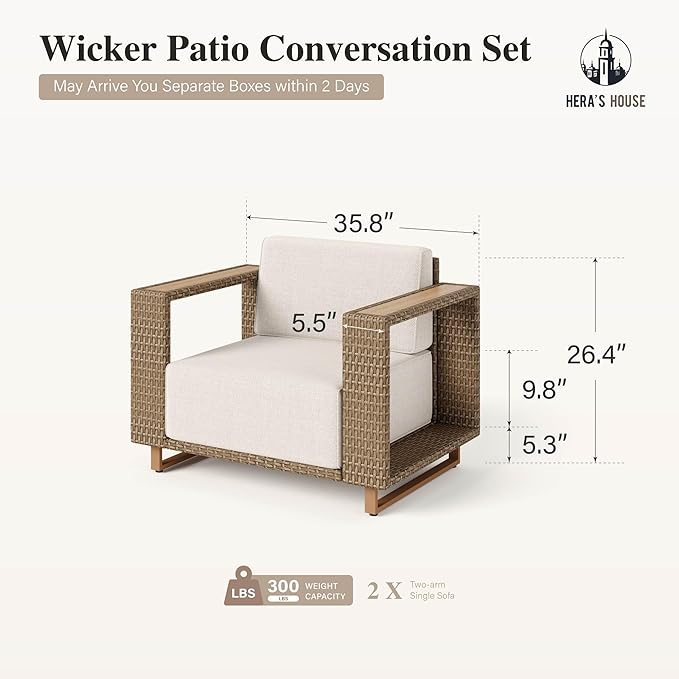 HERA'S HOUSE 2 Pieces Patio Furniture Set, Outdoor Rattan Wicker Armchairs Set of 2, All Weather Patio Conversation Set with 5.3" Widened Armrest, 10" Ultra Thick Comfy Sponge Cushion, Patio Couch Set