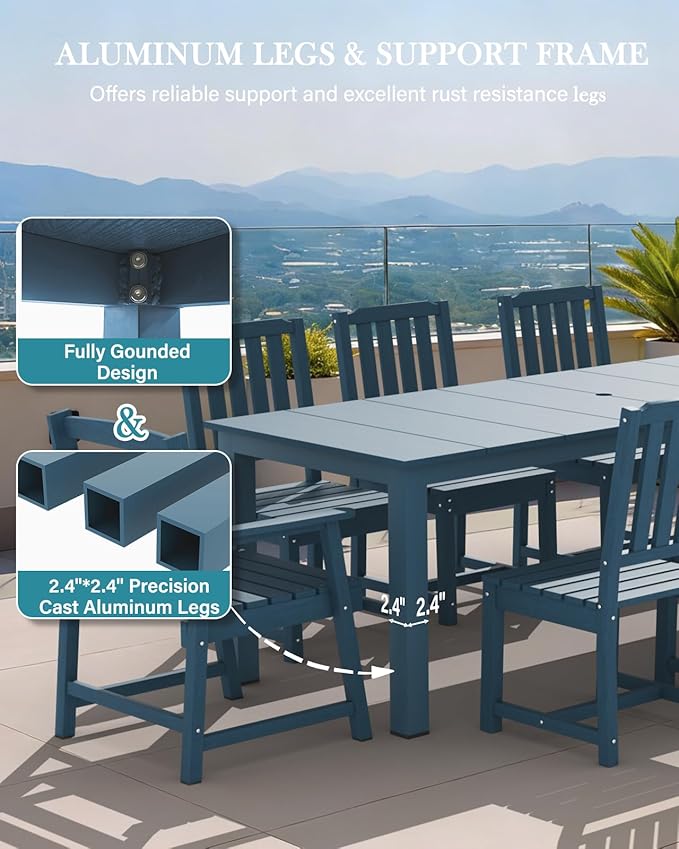 LOUNZY 9 Pieces Patio Dining Sets, Outdoor HDPE Furniture Set for 8 w/ 2" Hole Cut-Out Dining Table with 8 Patio Chairs(2 W/Armrest, 6 w/o Armrest), Navy
