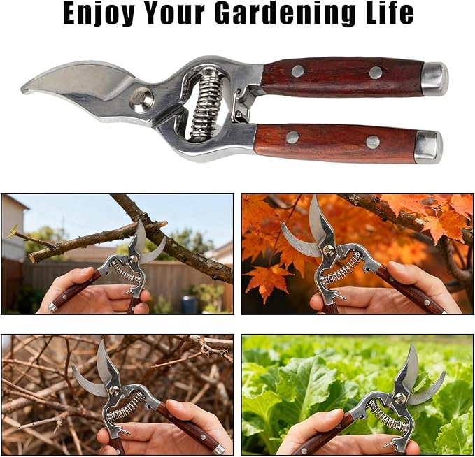 Garvee 2 Pack Garden Pruning Shears for Gardening, Wood Steel Handle Bypass Pruning Shears for Gardening, Curved Straight Garden Shears, Gardening Tools for Plants Flowers Light Branches