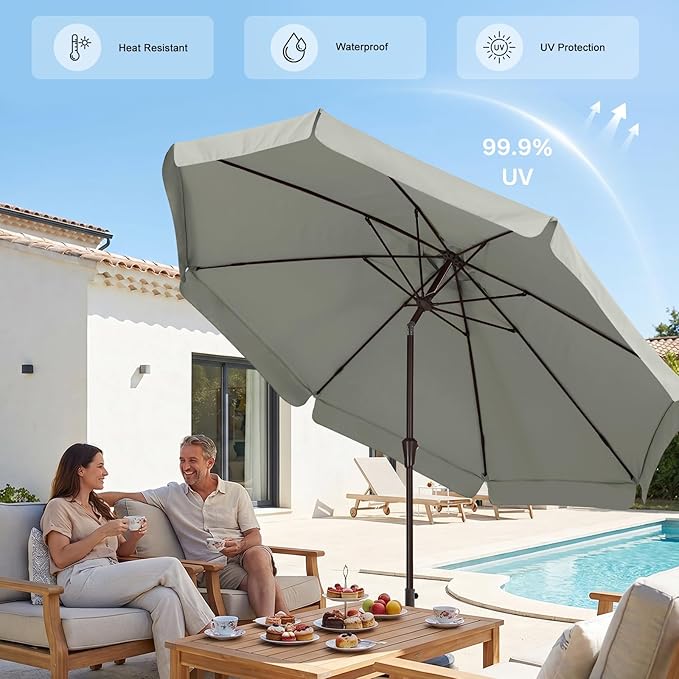 ABCCANOPY 9ft Scalloped Patio Umbrella, Outdoor Table Umbrella with Tilt and Crank, Fiberglass Ribs Deck Umbrella for Patio, Pool, Garden, Picnic (Light Gray)