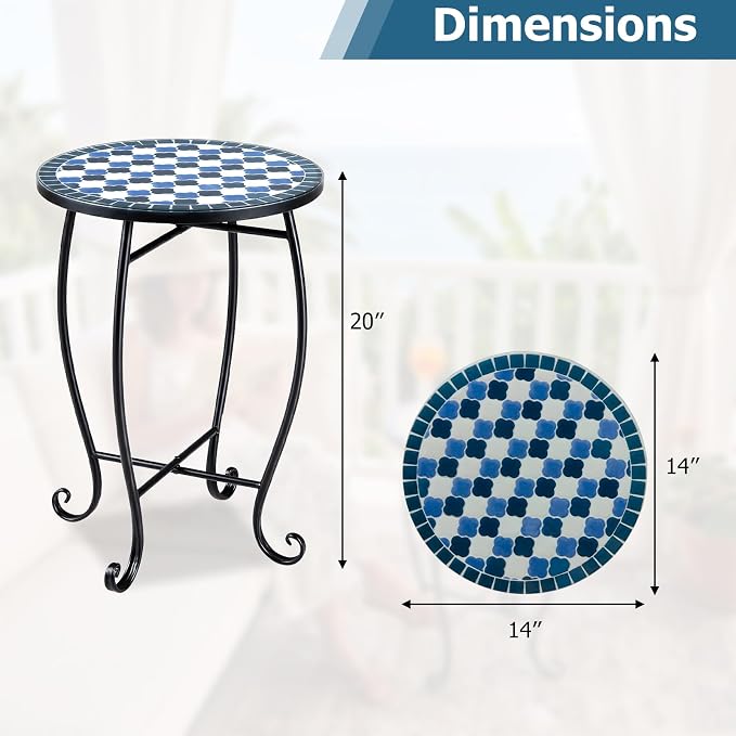 Giantex Outdoor Side Table, Floral Clover Mosaic Patio Accent Table, 14" Coffee End Table, Indoor Outdoor Metal Plant Stand for Porch Garden Balcony Desk