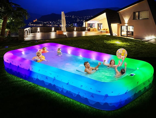 Large Inflatable Pool with Lights, 145" X 74" X 22" Family Inflatable Swimming Pools for Adults, Blow Up Pool Solar Powered, Inflatable PooI for Backyard (Air Pump Not Included)