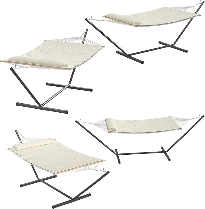 Heavy Duty Double Hammock with Stand-2 Person Cotton Rope Patio Bed,450 lbs Capacity,Hardwood Spreader Bars - Easy Assembly for Backyard, Patio, Poolside, Outdoor/Indoor