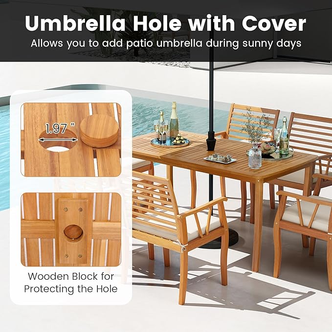 Tangkula 3 Pieces Patio Wood Dining Set, 63 Inch Outdoor Acacia Rectangular Table with 1.97” Umbrella Hole and Benches Set, for Deck, Garden and Backyard