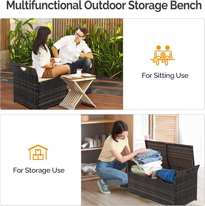 VINGLI 40 Gallon Outdoor Storage Bench with Cushion, Rattan Storage Box, Patio Wicker Deck Box with Seat for Garden | Balcony | Porch | Pool | Yard (Brown Frame + Beige Cushion)