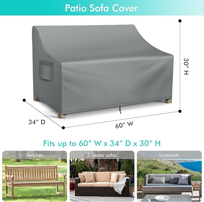 WLEAFJ Patio Sofa Cover Waterproof, 2-Seater Patio Loveseat Cover, Heavy Duty Outdoor Couch Cover, Outdoor Furniture Covers with Air Vent, 60’’ W x 34’’ D x 30’’ H, Grey
