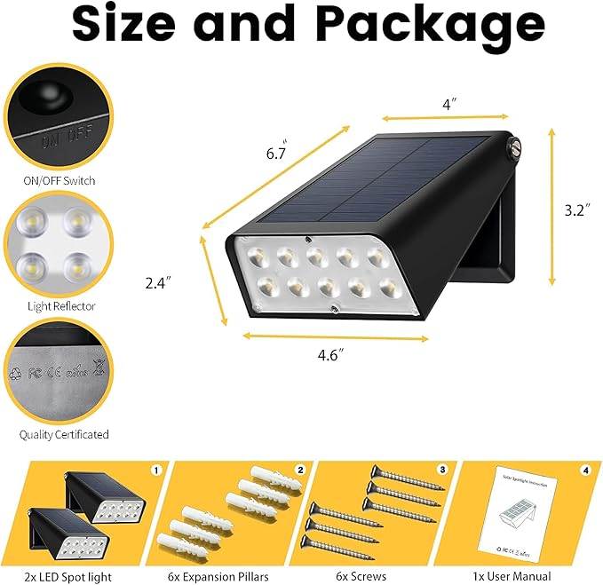Patio Wall Light Solar Powered, Dusk-to-Dawn Deck Lights, 2-Mode 90° Rotatable, Outdoor Security Lights Waterproof, Solar Spotlight for Porch, Garage, Fence, 2-Pack