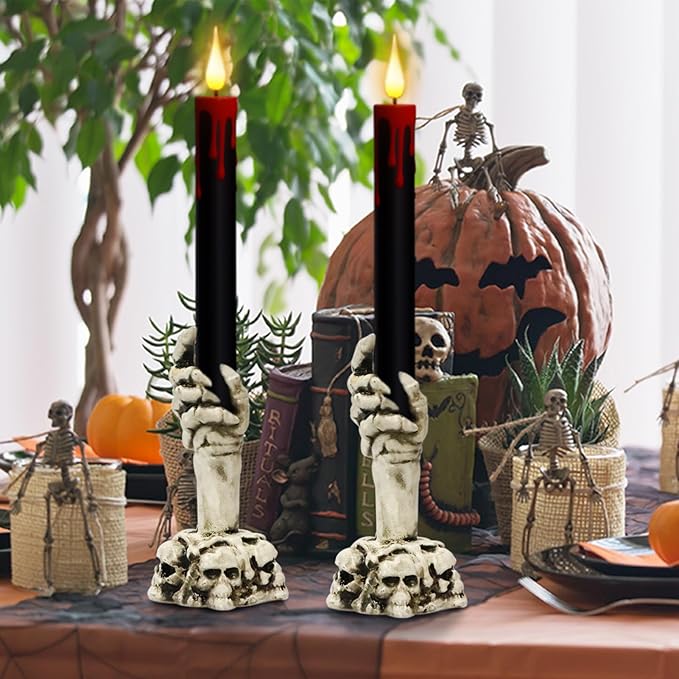 Eldnacele Halloween Flameless Taper Candle Lights Battery Operated with Remote and Timer, 2 Pack Skeleton Hand Holders Black Dripping Wax Effect LED Flickering Candles Home Decor(3” x 12”)