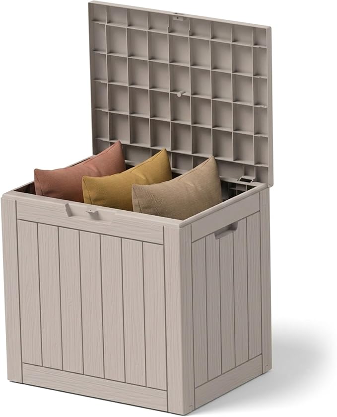 Outdoor Storage Box, 35 Gallon Waterproof Deck Box [Upgraded 3.0], Quick Snap-Lock Resin Cabinet for Seat Pillows, Patio Blankets, Lockable End Table Beverage Stand, Apartment Deck, Grey
