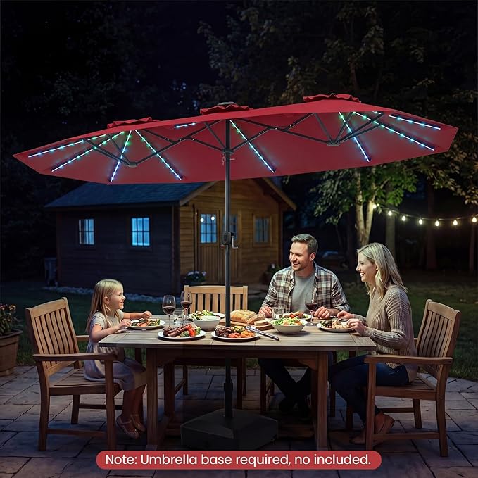 Tangkula 13 Ft Solar Patio Umbrella, Double-Sided Extra Large Outdoor Market Table Umbrella with Multi-Colored Flowing LED Lights, Crank Handle, 12 Sturdy Ribs for Poolside, Garden & Backyard (Wine)