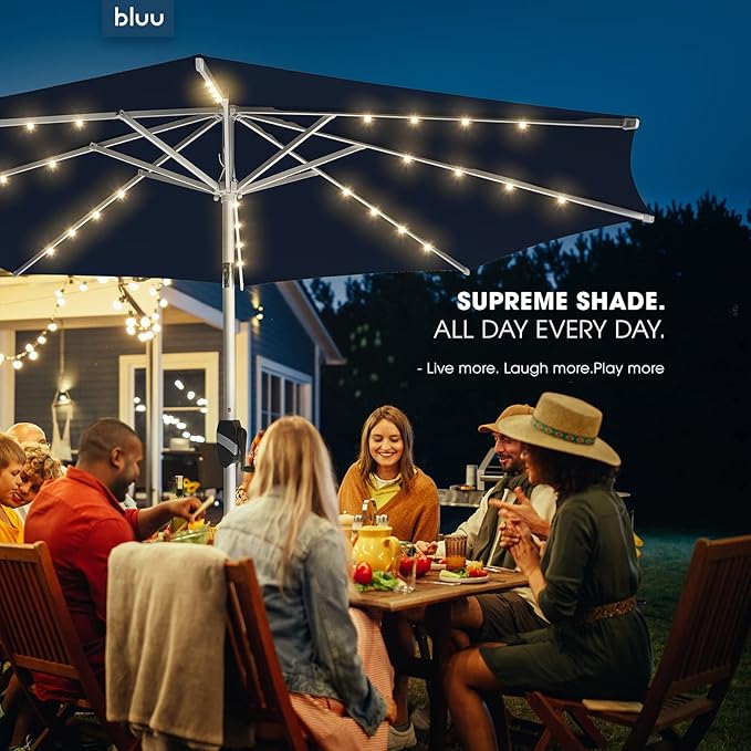 BLUU 10 Ft Patio Umbrella with Solar LED Lights, 5-Year Fade-Resistant Aluminum Outdoor Table Umbrella with Tilt Adjustment and Crank for Pool, Deck, Garden and Lawn, Navy Blue