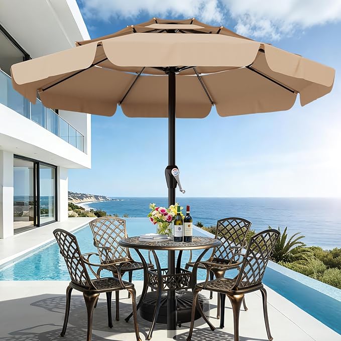 AreShark 12FT 3-Tiers Patio Umbrella with Valance, Outdoor with Crank, Large Outdoor Market Umbrellas Vented with 8 Sturdy Ribs, Patio Table Umbrellas for Garden, Deck, Backyard, Pool, Beige