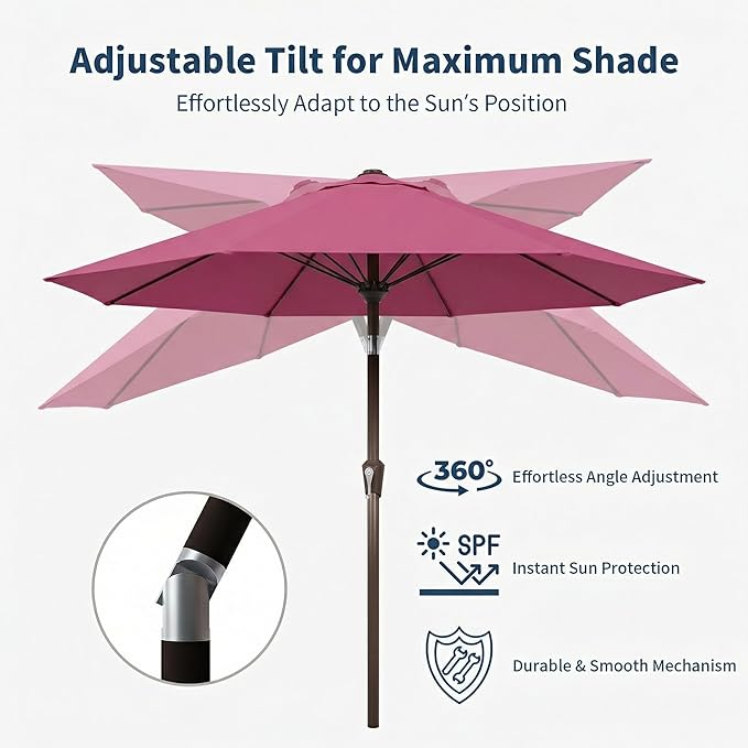 10FT Patio Umbrella Outdoor Market Umbrella with Crank and Tilt, 8 Flexible Fiberglass Ribs, UV-Resistant Waterproof Canopy for Patio, Deck, Garden, Backyard, Rose Pink