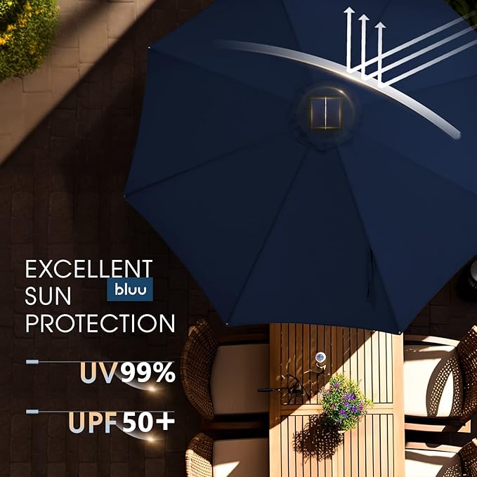 BLUU 10 Ft Patio Umbrella with Solar LED Lights, 5-Year Fade-Resistant Aluminum Outdoor Table Umbrella with Tilt Adjustment and Crank for Pool, Deck, Garden and Lawn, Navy Blue