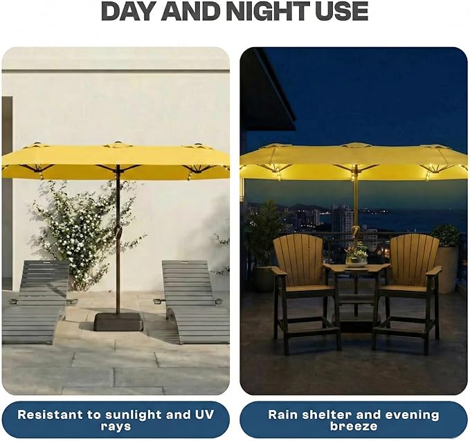 15FT Patio Umbrella with Solar Lights, Double-Sided Extra Large Outdoor Table Umbrella with Base Included, Heavy-Duty 12 Iron Ribs Market Umbrella for Garden, Pool, Backyard, Sunshine Yellow