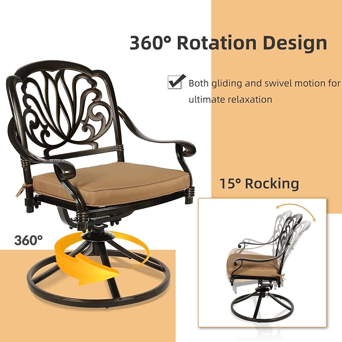 3-Piece Outdoor Patio Dining Set, All-Weather Cast Aluminum Patio Furniture Set for Backyard Garden Deck with 2 Swivel Cushioned Chairs and 35.4” Round Table, 2" Umbrella Hole, Khaki