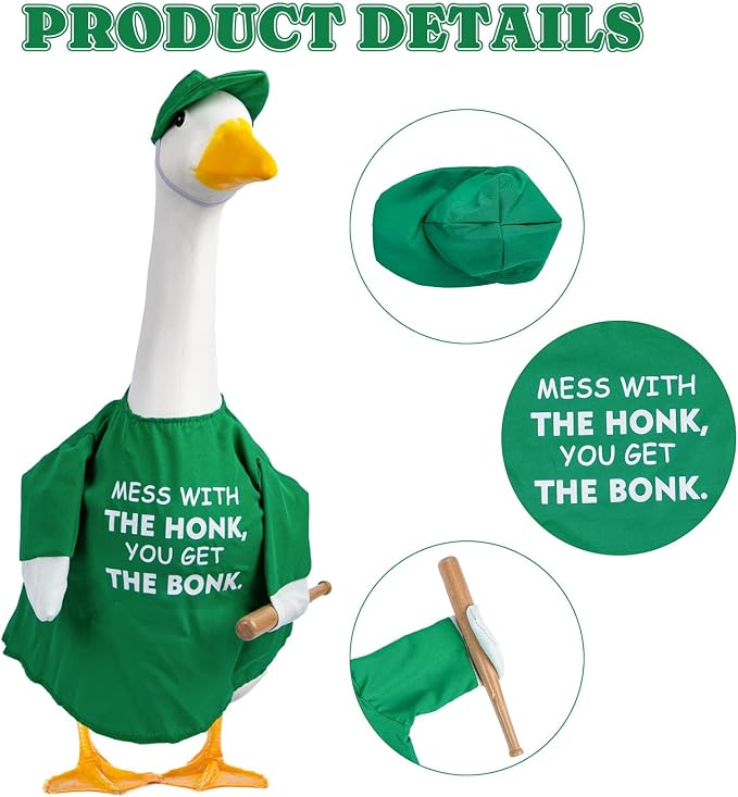CAMDUCK Funny Porch Goose Outfit for 23 Inch Goose Statue, Mess with The Honk You Get The Bonk Goose Clothes, Decorative Lawn Geese Costume Clothing for Outdoor Decor (Green)