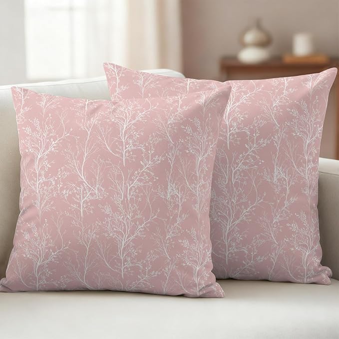 Pink Branches Waterproof Outdoor Pillow Covers Set of 2 Home Decor, Abstract Art Leaves Plant Pillowcase Patio Pillow Covers for Couch Bench Patio Furniture Garden 24x24in