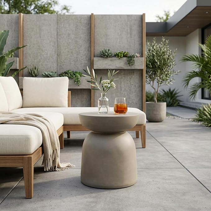 Outdoor Side Table Concrete End Table Faux Stone Side Tables Small Coffee Tables for Indoor Outdoor, Garden Stool Plant Stand for Porch, Backyard Patio, 15.75"X18" Light Grey-Round