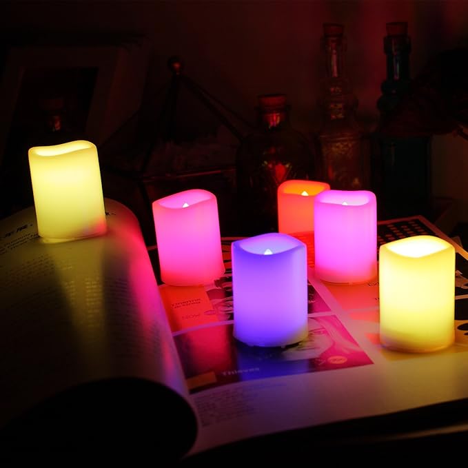 CANDLE CHOICE Color Changing Battery Operated Flameless Votive Candles with Remote Timer Realistic Flickering Fake Electric Multicolor LED Lights for Wedding Christmas Decorations Battery Incl. 6 Pack