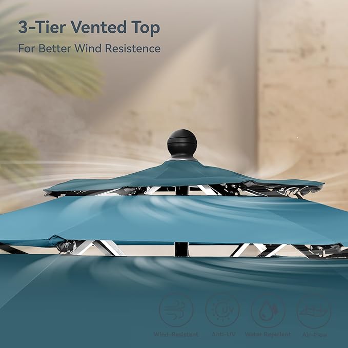PHI VILLA 10ft Outdoor Patio Umbrella for Outside, 3 Tier Vented Round Market Table Umbrella Windproof for Backyard, Deck, Garden, Cyan & Green (No Base)