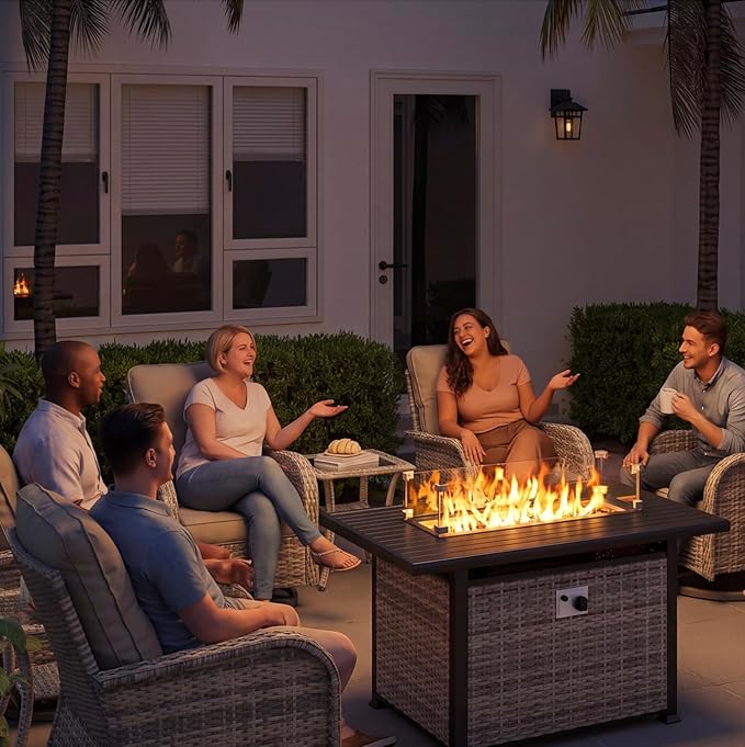 10Pcs Patio Rocking Swivel Chair with 55,000 BTU Fire Pit Table Outdoor Wicker Rattan Bistro Set with Tempered Glass Side Table, Patio Furniture Set for Garden and Balcony, Light Blue