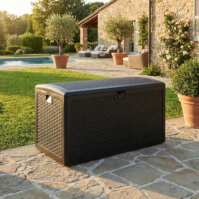 Garvee 73 Gallon Waterproof Large Resin Deck Box Indoor Outdoor, Lockable Storage Container for Patio Furniture Tools, Waterproof Deck Box Patio Storage Bin for Pool Garden, Black