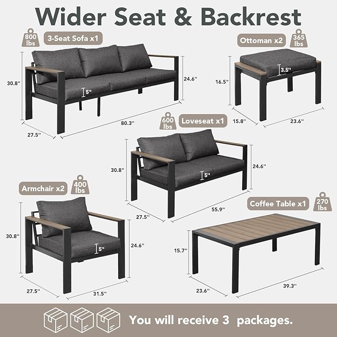 Patio Furniture Set 9 Seats and Coffee Table, 7 Pieces Patio Conversation Set with Thick Cushion, Ottomans, Deluxe Aluminum Modern Outside Sectional for Porch, Balcony, Deck, Yard, Dark Gray