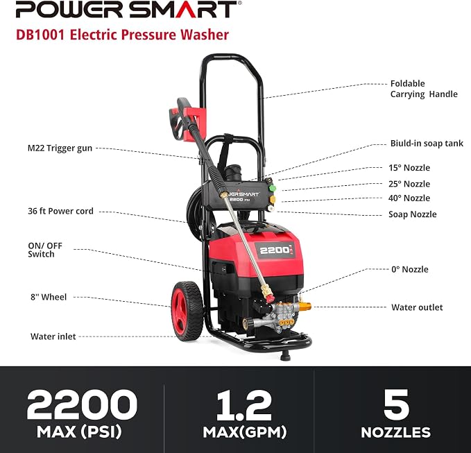 PowerSmart Electric Pressure Washer 1.2 GPM with Onboard Soap Tank, Metal Spray Wand, 5 Nozzle Set for Cars, Patio, Decks, and Fences (DB1001)