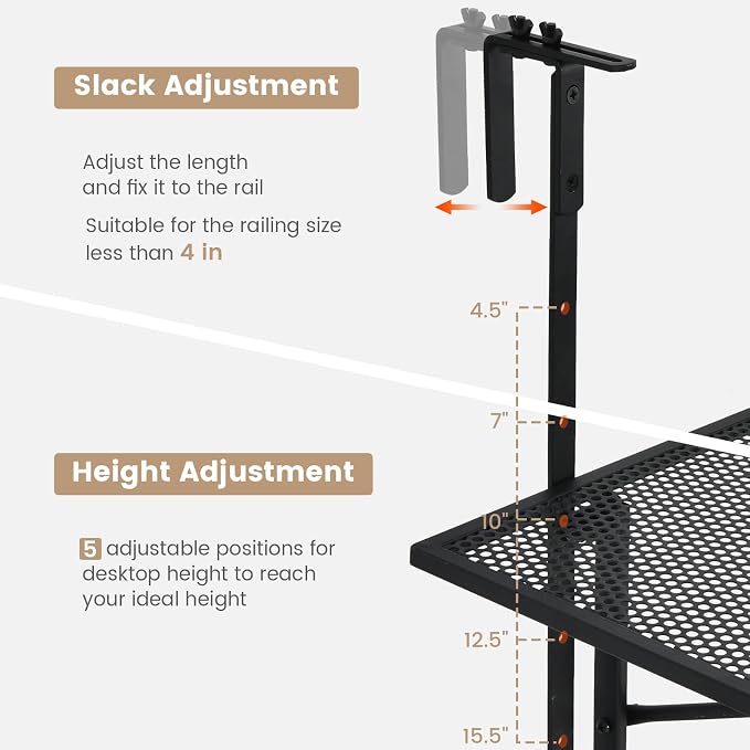Giantex Outdoor Folding Hanging Table with 5-Level Height, Anti-Rust Coated, Suits for 1.4” -4” Railings, Space-Saving Balcony Side Railing Table for Indoors Outdoors