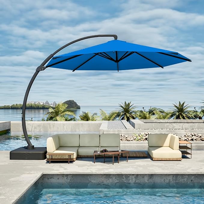 12FT Cantilever Umbrella with Base Large Curvy Outdoor Aluminum Offset Umbrella w/ 360° Rotation, UV Resistant Canopy for Patio, Garden, Backyard, Royal Blue