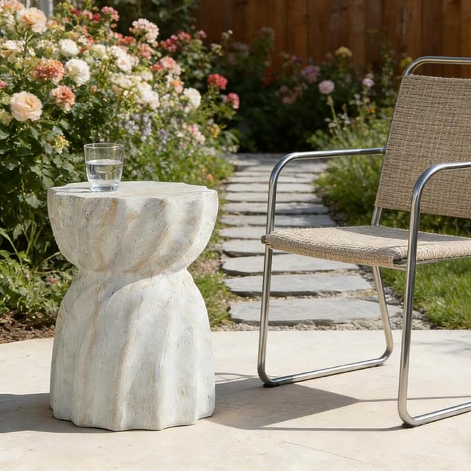 Cement Outdoor SideTables for Patio, Garden Accent Table Faux Terrazzo End Table, Modern Small Round Side Tablefor Outside, Tree Stump Garden Stool DrumTable Indoor and Outdoor 13.78"*18.90" Beiga