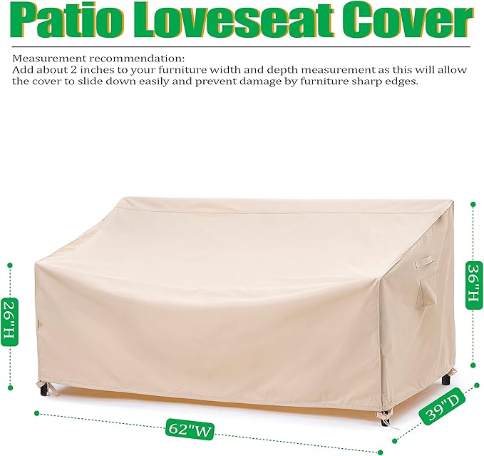 F&J Outdoors Waterproof UV Resistant Heavy Duty 2 Seater Patio Loveseat Cover, Beige, 62" W x 39" D x 36" H