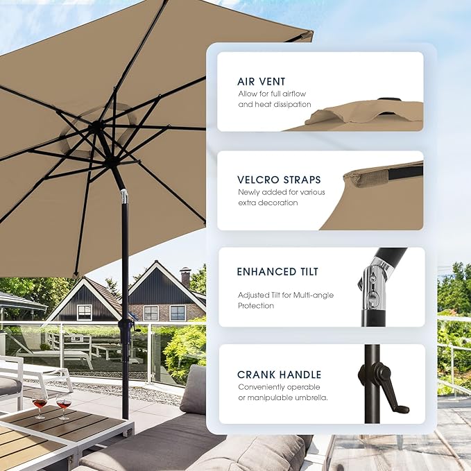 wikiwiki 10 FT Patio Umbrellas Outdoor Table Market Umbrella with Push Button Tilt/Crank, 8 Sturdy Ribs, Fade Resistant Waterproof POLYESTER DTY Canopy for Garden, Lawn, Deck, Backyard & Pool, Tan