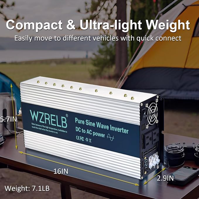 WZRELB 3500W Pure Sine Wave Inverter 12V DC to 110V 120V AC with LED Display,Remote Controller,Off-Grid Power Converter 7000W Surge with Dual AC Outlets, Hardwire Terminal for Home, RV, Truck, Camping