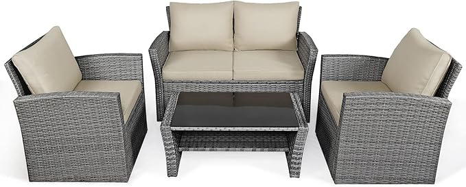 COSTWAY 4 Pieces Patio Rattan Furniture Set, Outdoor Wicker Sofa Set with Tempered Glass Coffee Table, Cushions, All Weather Rattan Conversation Set for Yard Balcony Backyard Pool (Khaki)