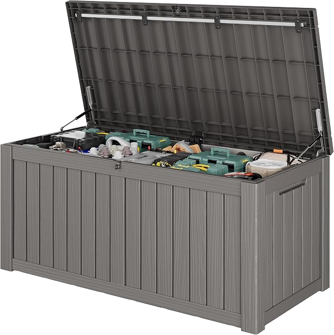 Outdoor Storage Box, 150 Gallon Deck Box with Lockable Lid, Waterproof Resin Storage Bin for Cushions, Garden Tools, Patio Furniture, Grey
